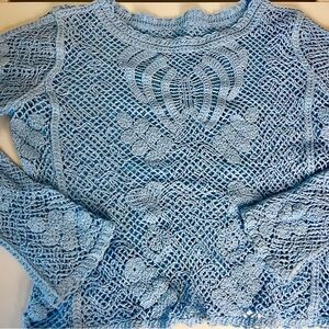 Hand-Crocheted Blue Floral Cotton Sweater | Boho Artisan Top